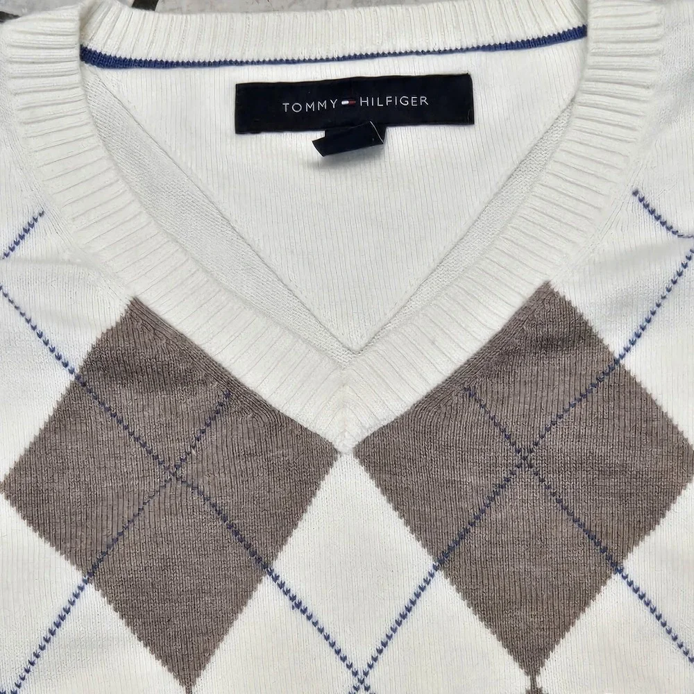 Tommy Hilfiger Argyle V-Neck Cotton Sweater Beige Tan w Flag Logo Men's XL NWT